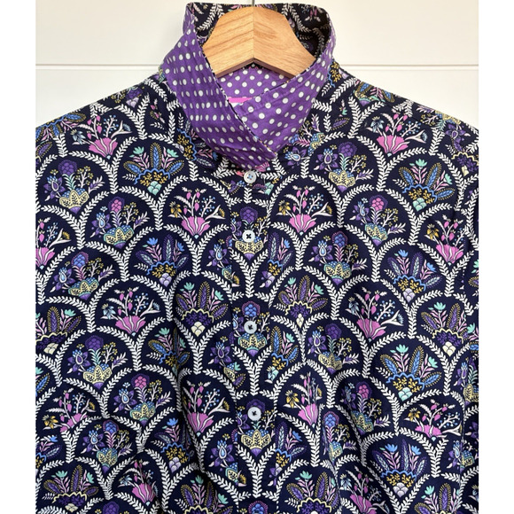 TALBOTS Modern Classic Button Front Shirt Scalloped Floral Cotton Striped Cuff L - Picture 4 of 16